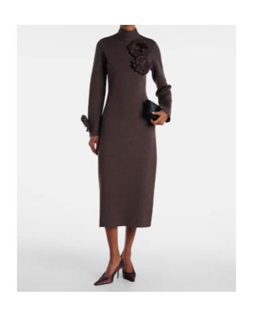 Oscar de la Renta Brown Floral-Appliqué Wool-Blend Midi Dress