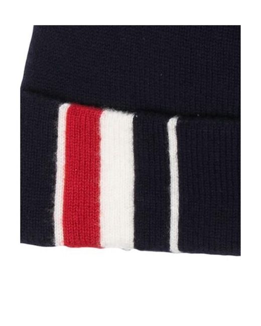 Thom Browne Blue Stripe Detail Merino Beanie for men