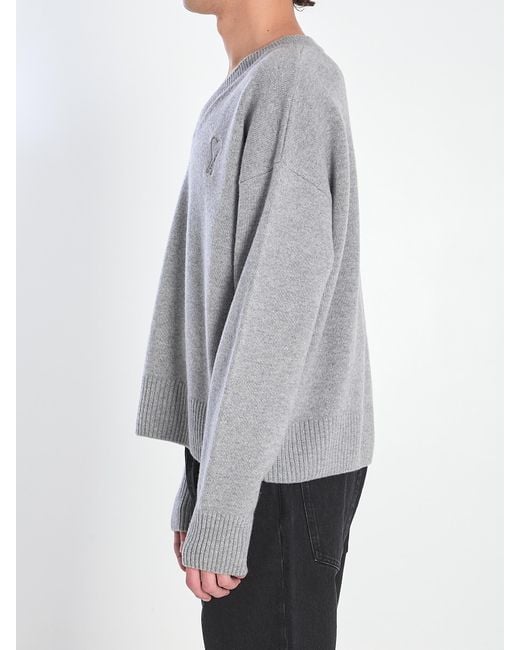 AMI Gray V-Neck Ribbed Sweater With Embroidered Logo for men