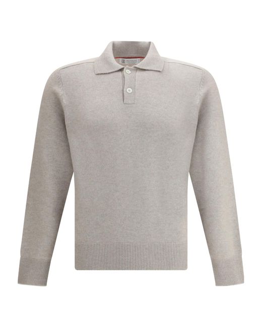 Brunello Cucinelli Gray Long-Sleeved Knitted Polo Shirt for men