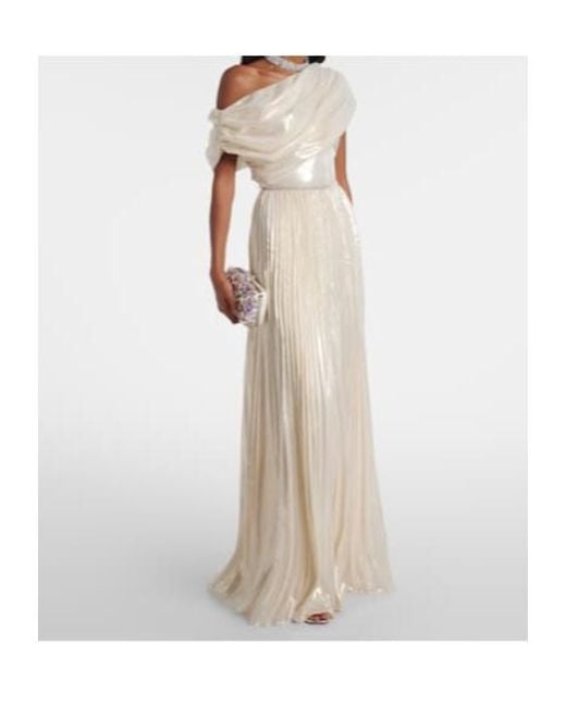 Self-Portrait White Asymmetric Draped Silk-Blend Chiffon Maxi Dress