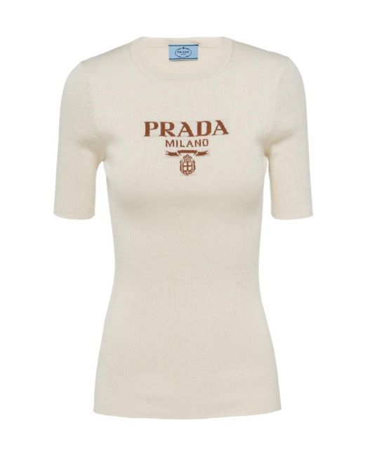 Prada Natural Silk Crew-Neck Sweater With Logo