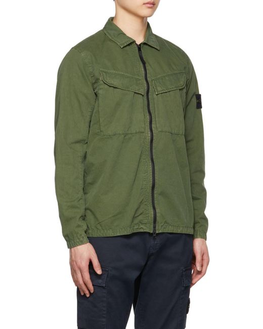 Stone Island Green Compass-Logo Zip-Up Shirt Jacket for men