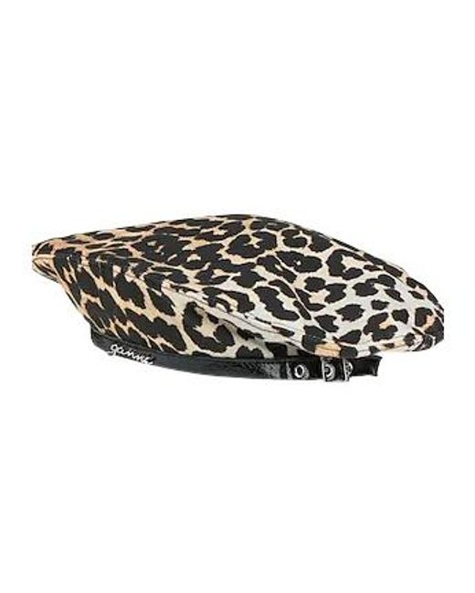 Ganni Black Leopard Print Beret