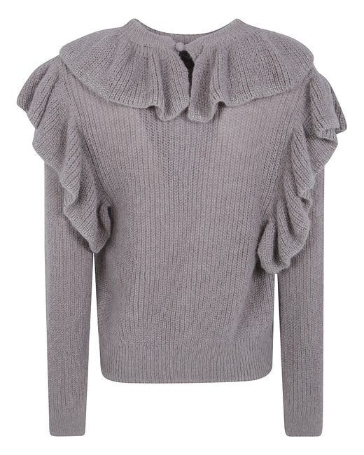 Twinset Gray Ruffleddetail Ribbed Knit Sweater