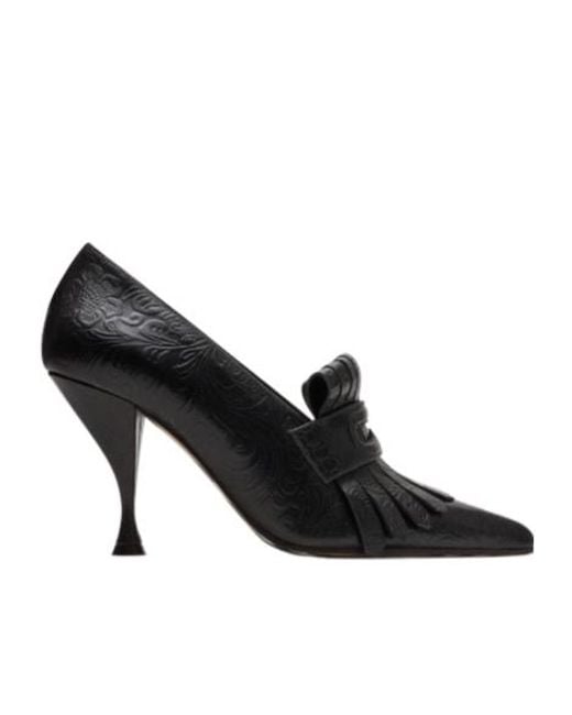 Burberry Black Embossed Cameo Fringed Pumps