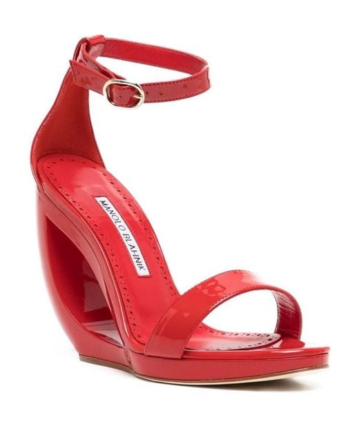 Manolo Blahnik Red Open-Toed Buckles, Shaped Heel Sandals