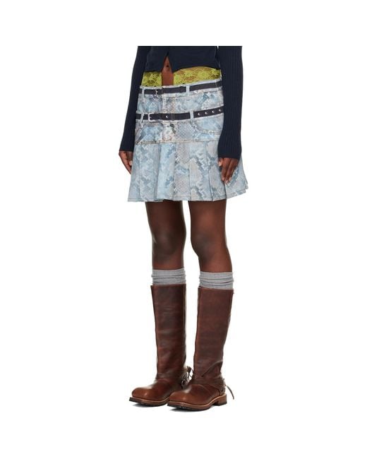 ANDERSSON BELL Blue Python Print Faded Denim Mini Skirt