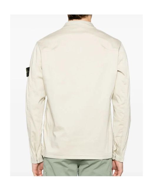 Stone Island White Compass Patch Zipped Overshirt for men