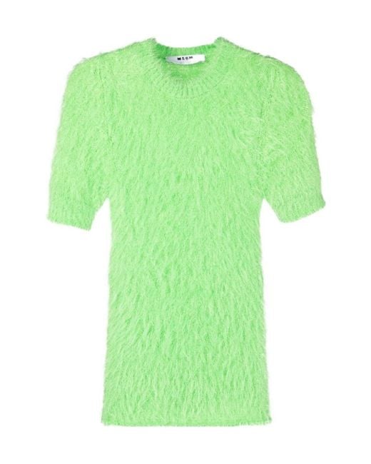 MSGM Green Bouclé Short-Sleeve Jumper