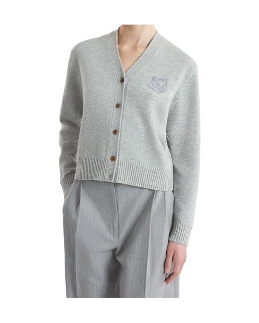 Maison Kitsuné Gray Maison Kitsuné Bold Fox Head Embroidered Knit Cardigan