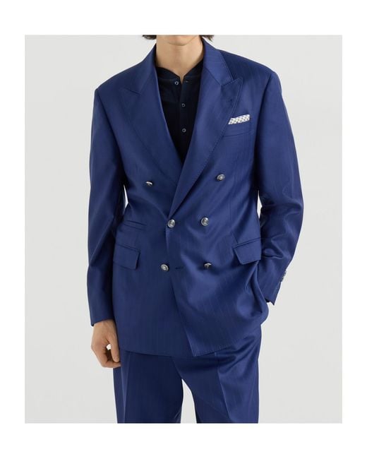 Brunello Cucinelli Blue Chalk-Stripe Blazer for men