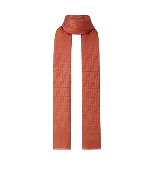 Fendi Red Ff Jacquard Fringed Scarf