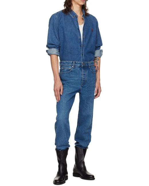 AMI Blue Logo Patch Tapered-Fit Jeans for men