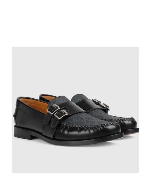 Gucci Black Gg-Canvas Buckle Loafers for men