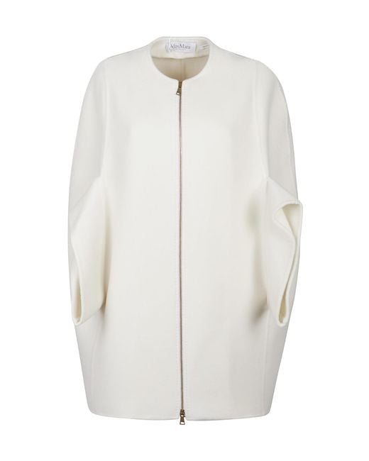 Max Mara White Placido Zip-Up Crewneck Coat