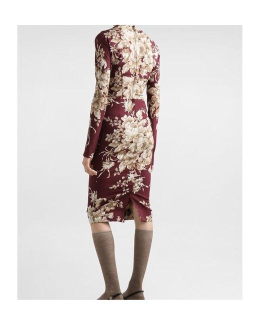 Dolce & Gabbana Red Floral-Print Long-Sleeve Midi Dress