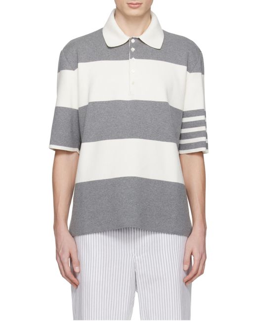 Thom Browne Gray Short-Sleeved Polo Shirt With Horizontal Stripes And Classic Collar for men