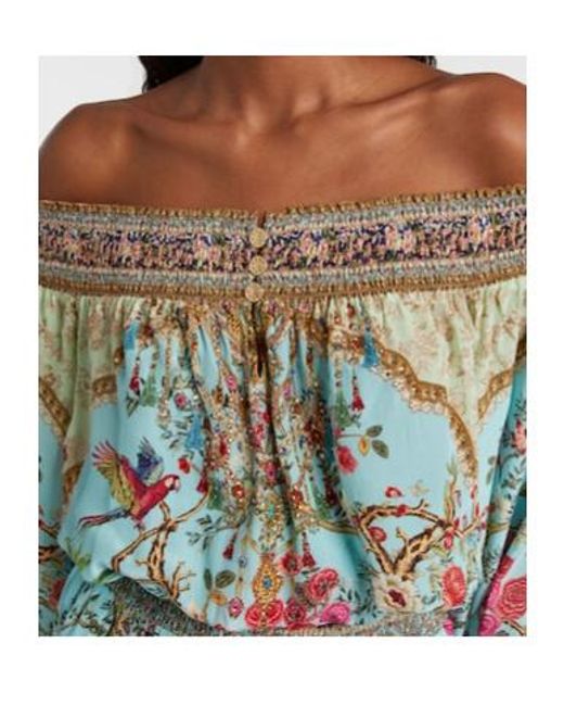 Camilla Blue Embellished Off-Shoulder Silk Crepe Mini Dress