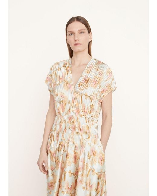 Vince Natural Floral-Print Plissé Dress