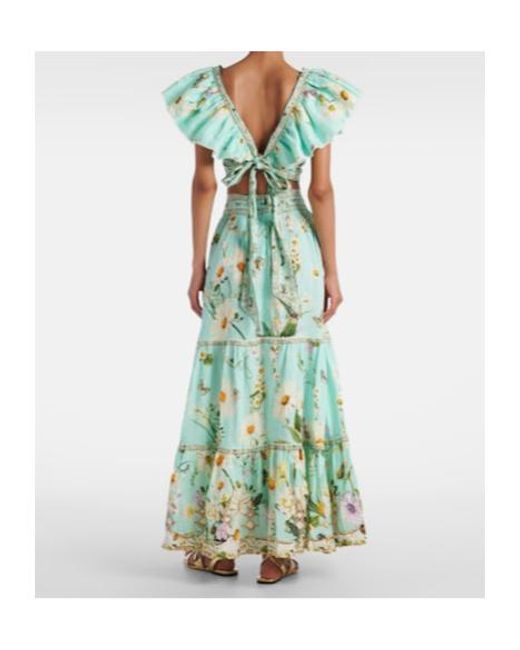 Camilla Green Floral Tiered Linen Maxi Skirt