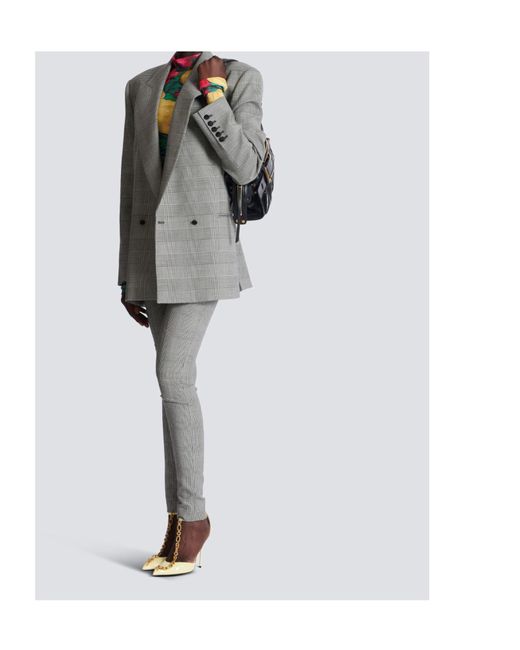 Balmain Gray Houndstooth Double-Breasted Wool-Blend Blazer