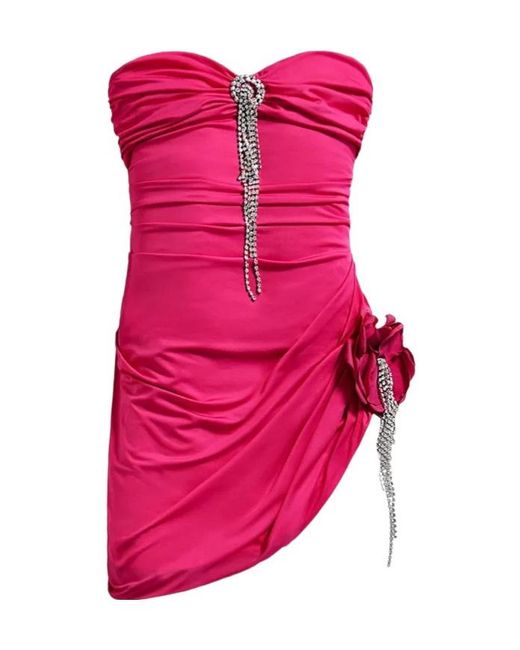 Area Pink Flower Draped Strapless Mini Dress