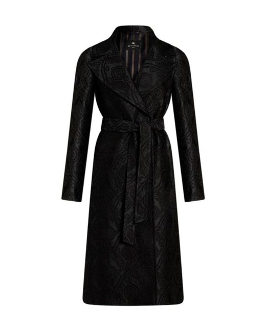 Etro Black Chenille Jacquard Belted Coat