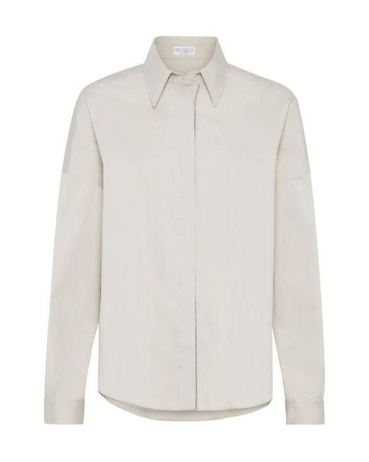 Brunello Cucinelli White Embellished Curved Hem Shirt