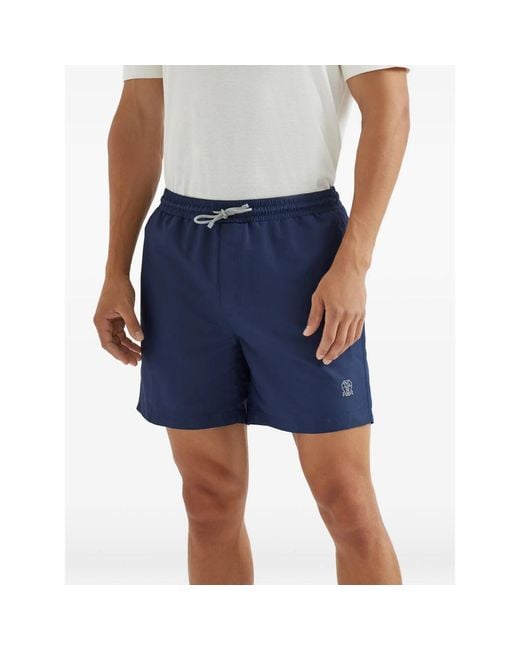 Brunello Cucinelli Blue Logo Detailed Drawstring Swim Shorts for men