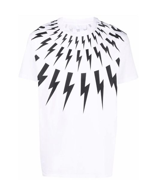 Neil Barrett White Thunderbolt-Print Crew Neck T-Shirt for men