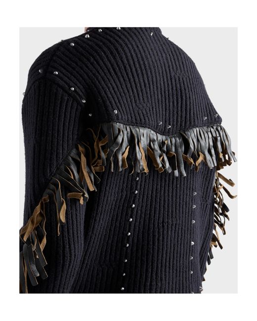 Prada Black Wool Crew-Neck Sweater With Fringe And Studs for men