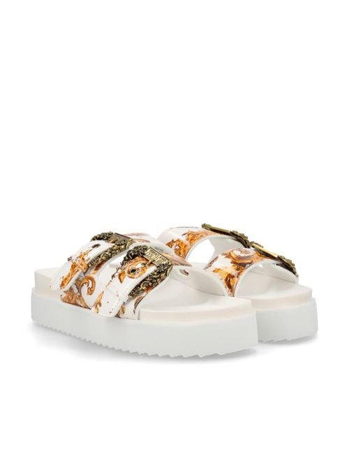 Versace Jeans White Couture Buckle Embellished Barocco-Printed Sandals