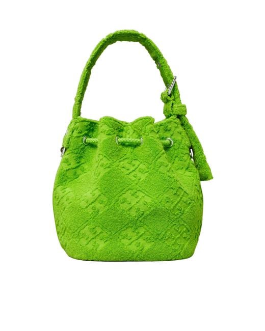 Tory Burch Green T Monogram Terry Mini Bucket Bag