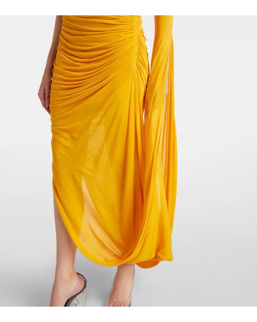 Mugler Yellow Draped One-Shoulder Jersey Maxi Dress