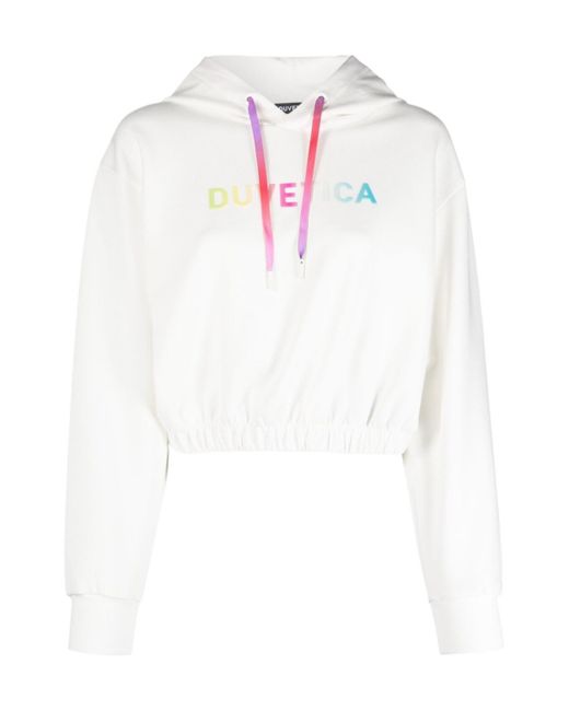 Duvetica White Logo-Print Cropped Hoodie