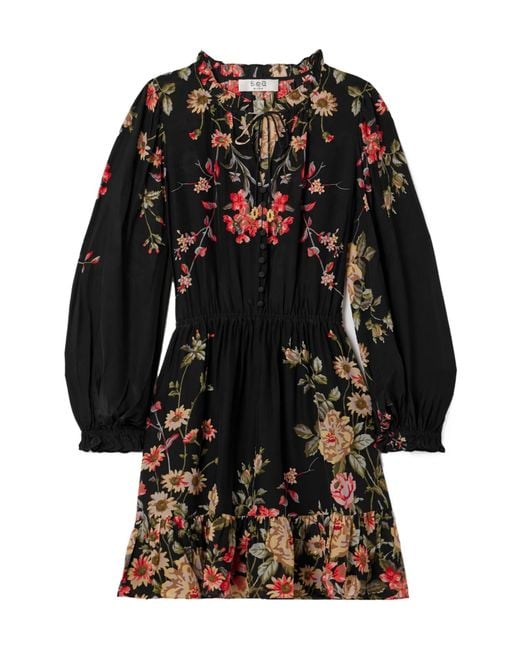 Sea Black Jolie Ruffled Floral-Print Crepe De Chine Mini Dress