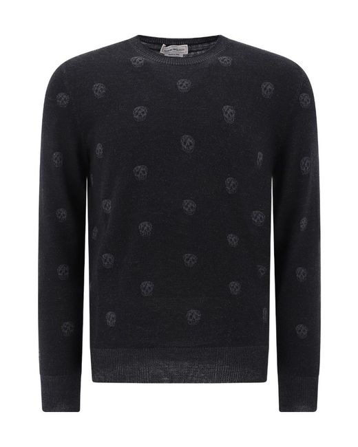 McQueen Black Skull Pattern Knitted Wool Sweater for men