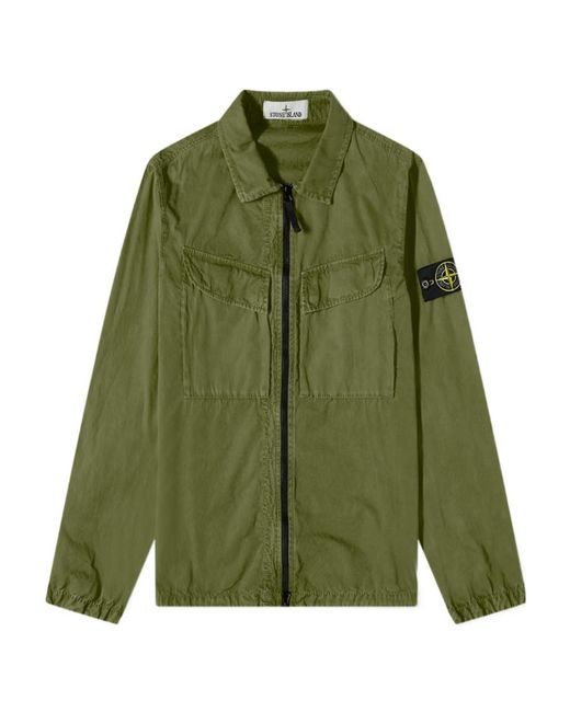 Stone Island Green Compass-Logo Zip-Up Shirt Jacket for men