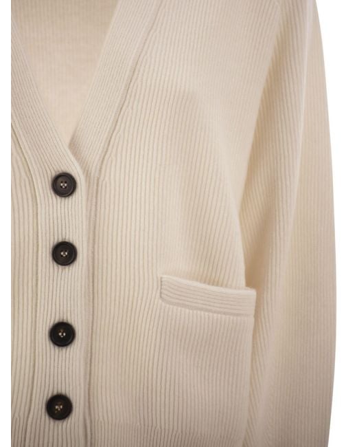 Brunello Cucinelli Natural Ribbed Cashmere V-Neck Cardigan