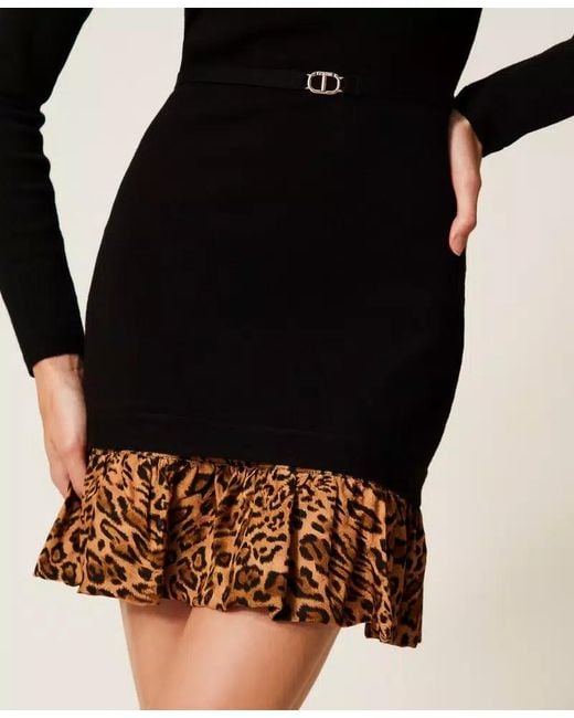 Twinset Black Animal Printed Insert Mini Knitted Dress
