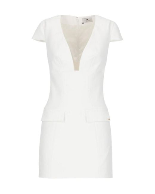 Elisabetta Franchi White Ivory Dress With Deep V-Neckline And Flap Pockets
