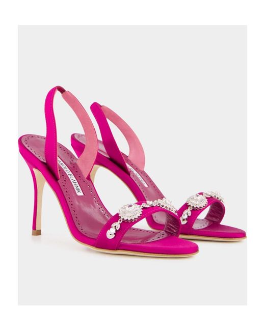 Manolo Blahnik Pink Satin Embellished Slingback Sandals