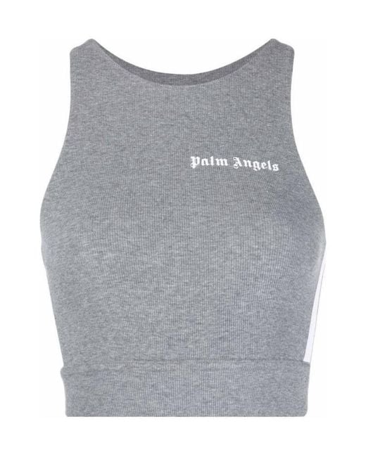 Palm Angels Gray Logo Printed Ribbed Knit Sport Bra