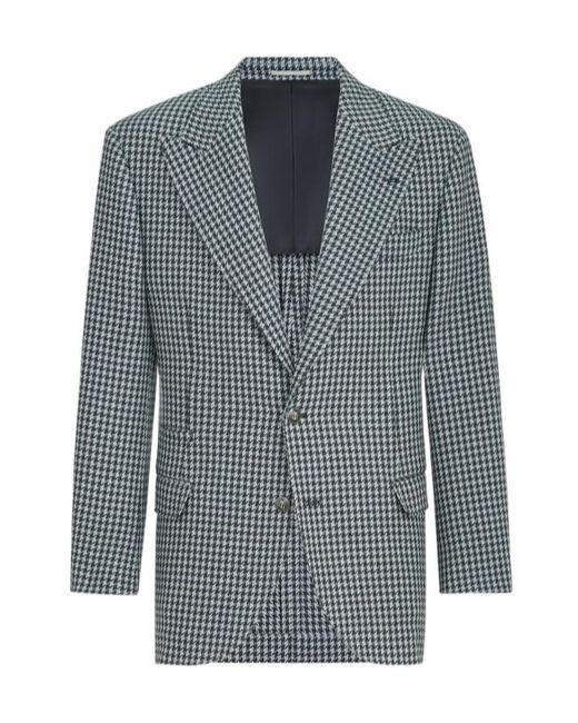 Brunello Cucinelli Blue Houndstooth-Pattern Blazer for men