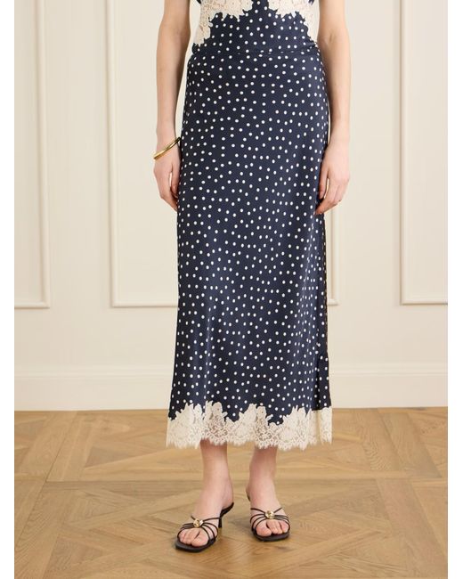 Rixo Blue Matilde Lace-Trimmed Polka-Dot Satin Midi Skirt