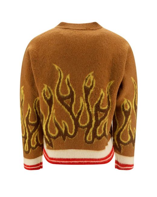 Palm Angels Brown Flame Pattern Knitted Wool Sweater for men