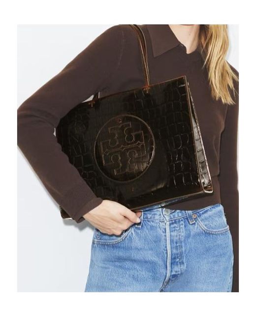 Tory Burch Black Croc-Embossed Logo-Detail Tote Bag
