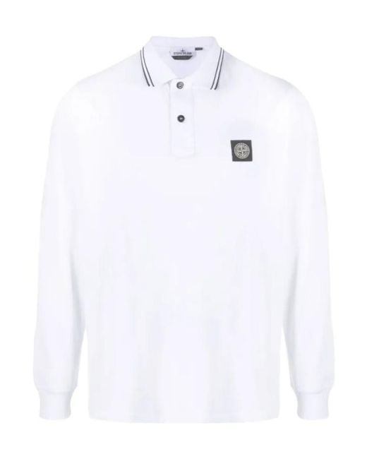Stone Island White Long-Sleeved Polo Shirt for men