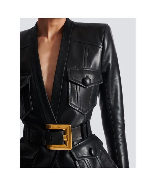 Balmain Black Belted 4 Pokets Fitted Lambskin Jacket